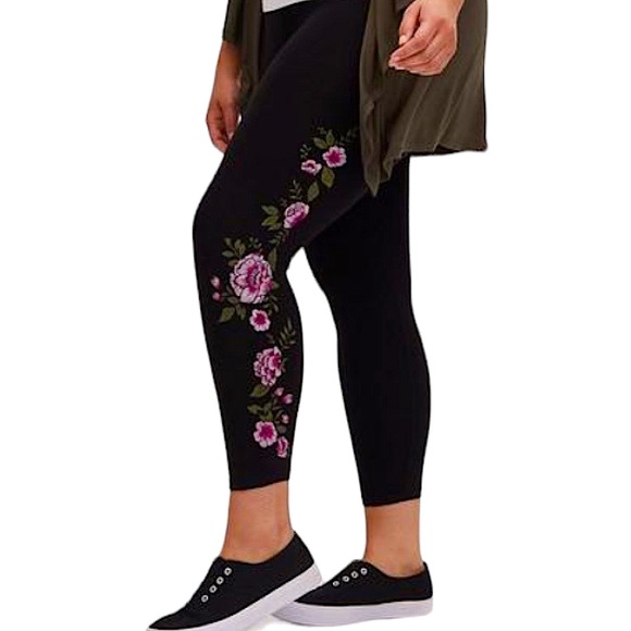 torrid Pants - TORRID Embroidered Floral Black Premium Cropped Leggings